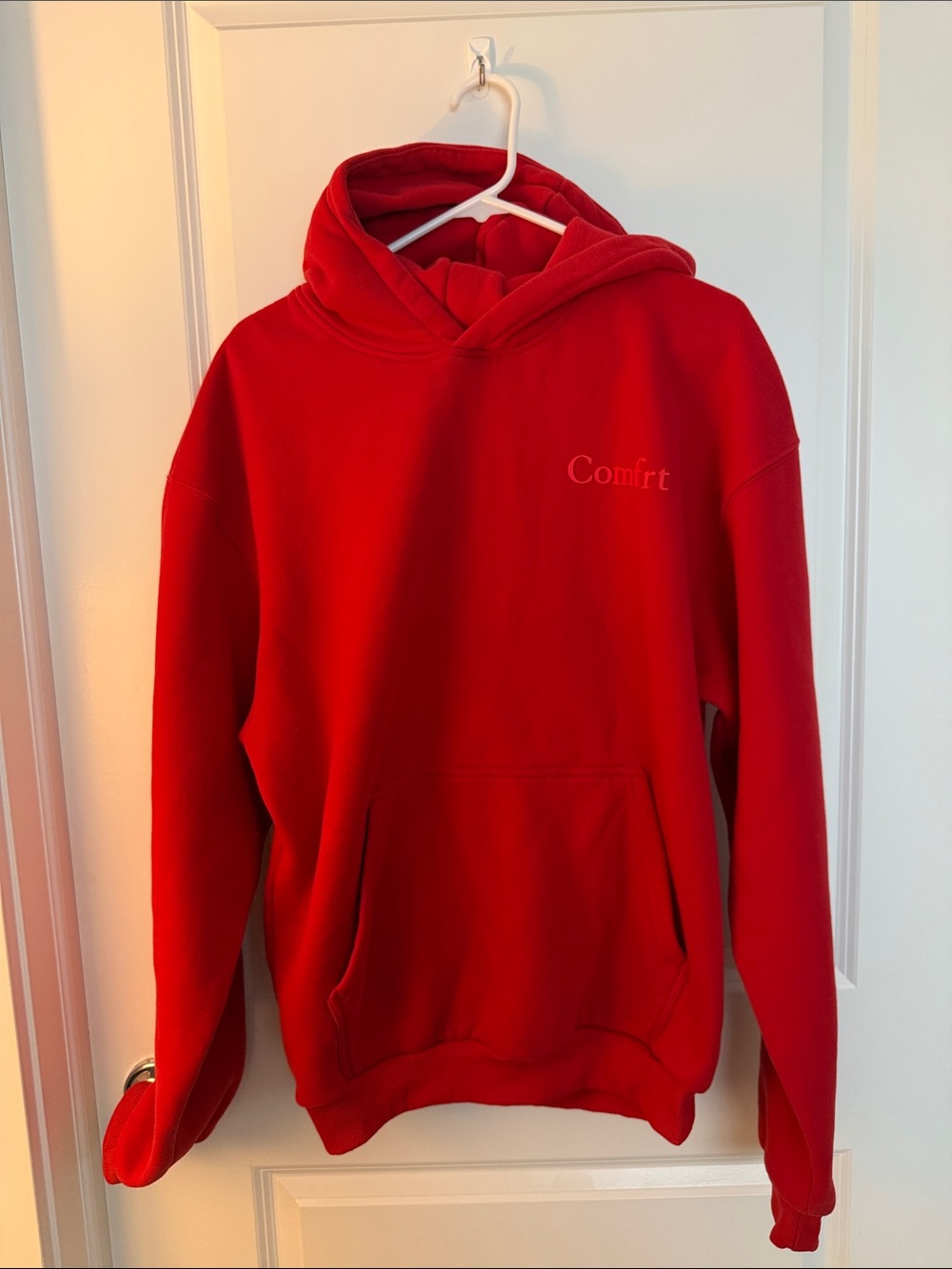 COMFRT Minimalist Hoodie Red Oversized Medium Pullover Sweatshirt Cozy *FLAW